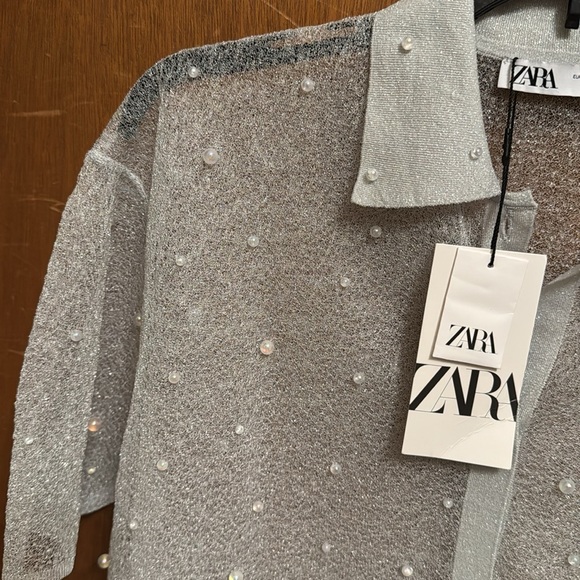 ZARA PEARL TRIM SEMI SHEER KNIT SHIRT S-M BNWT - Picture 7 of 10